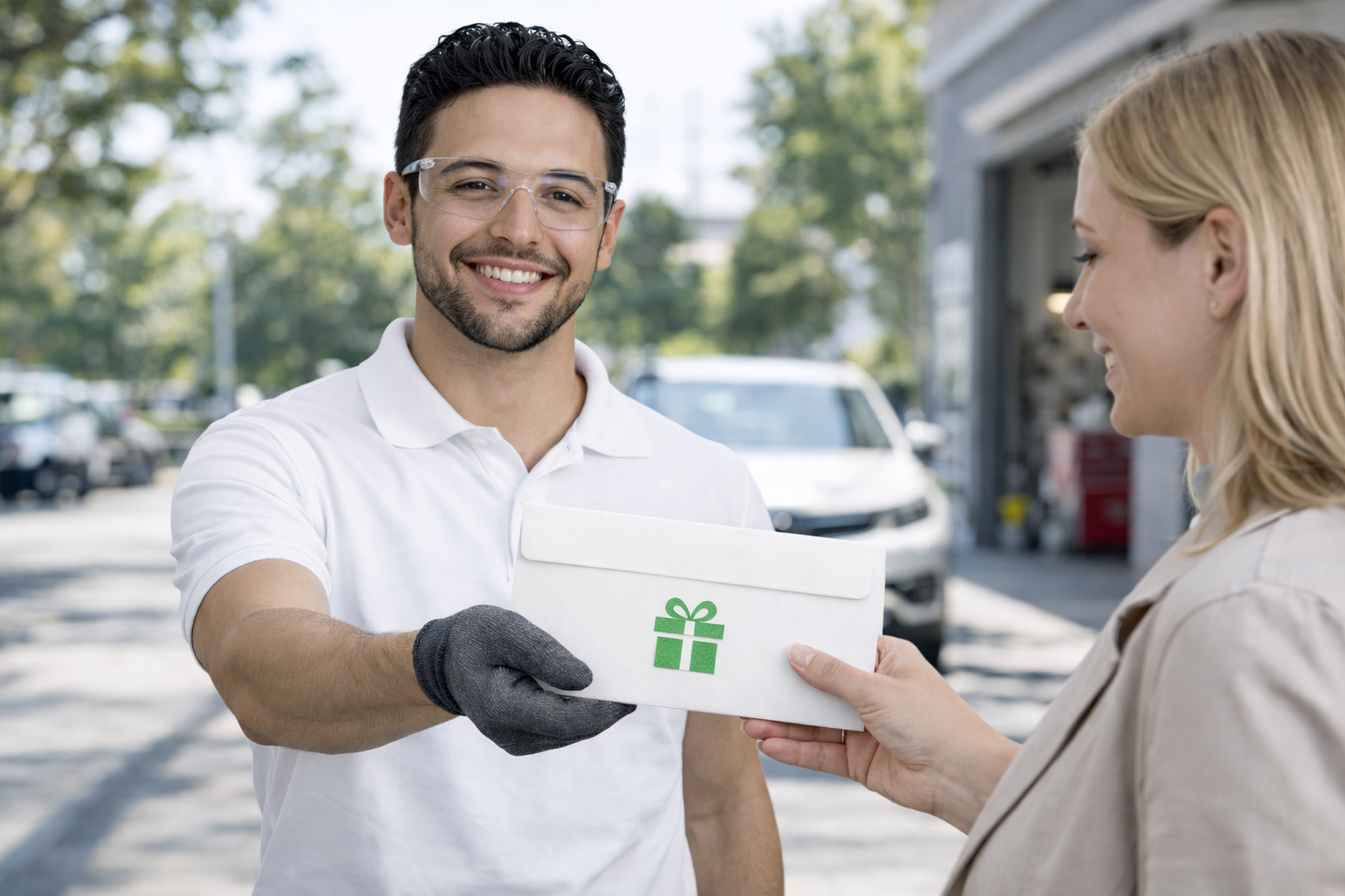 Technicien Glass Expert France remettant le virement bancaire de 300 euros à une cliente après remplacement pare-brise